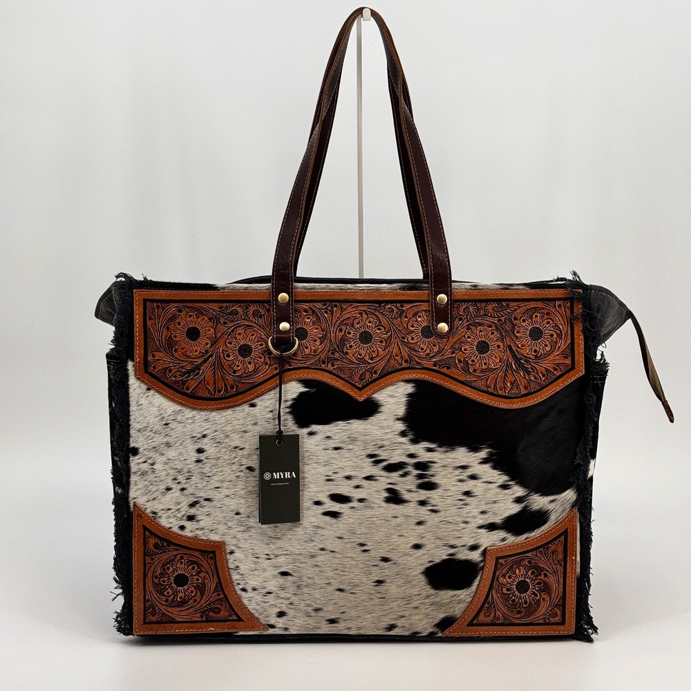 Myra Bag Cartwright Tote Bag Womens Large Black Cowhide Hand-Tooled S-7870 - Picture 1 of 12